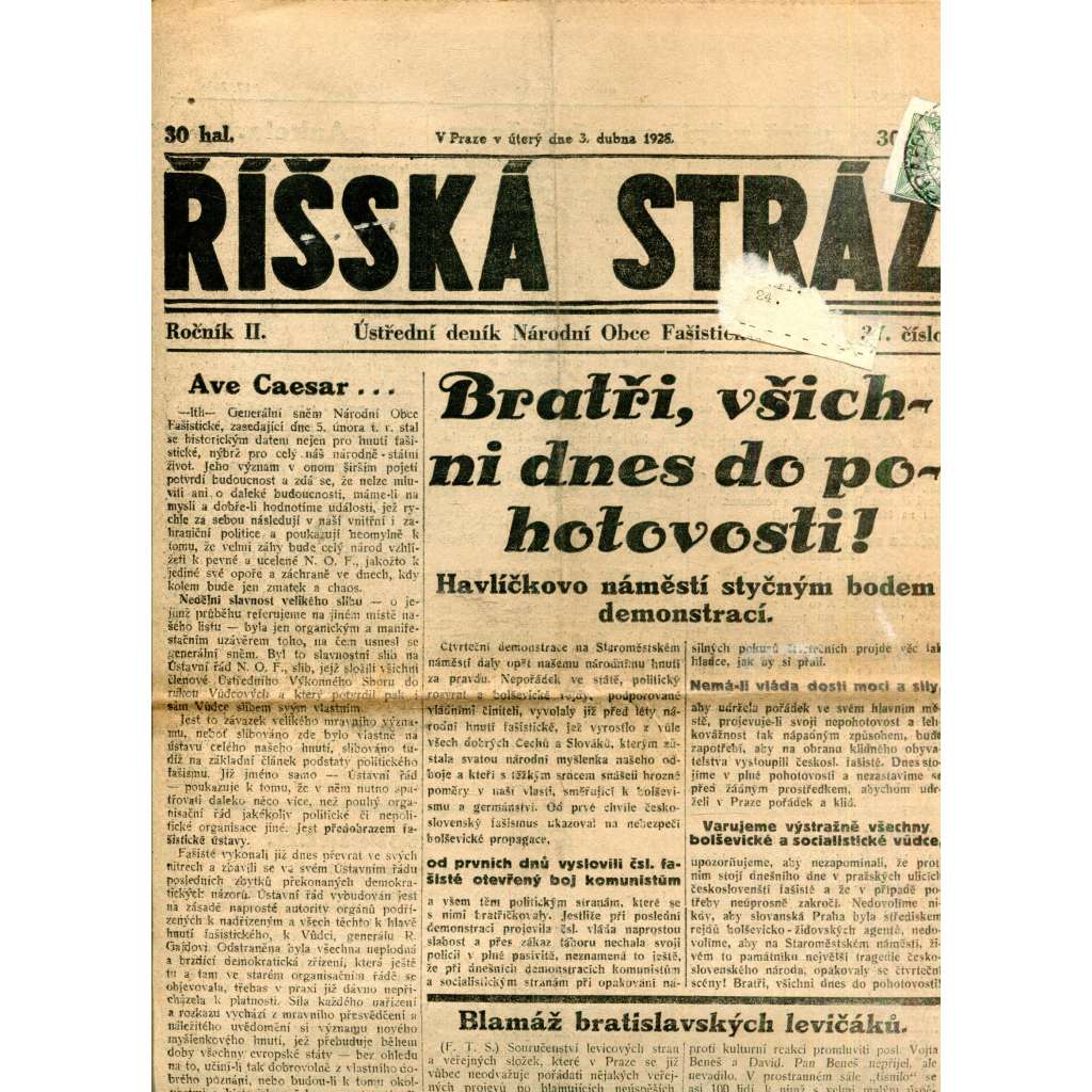 Říšská stráž (3.4.1928) - Ústřední deník Národní obce fašistické (staré noviny, fašisté, 1. republika)