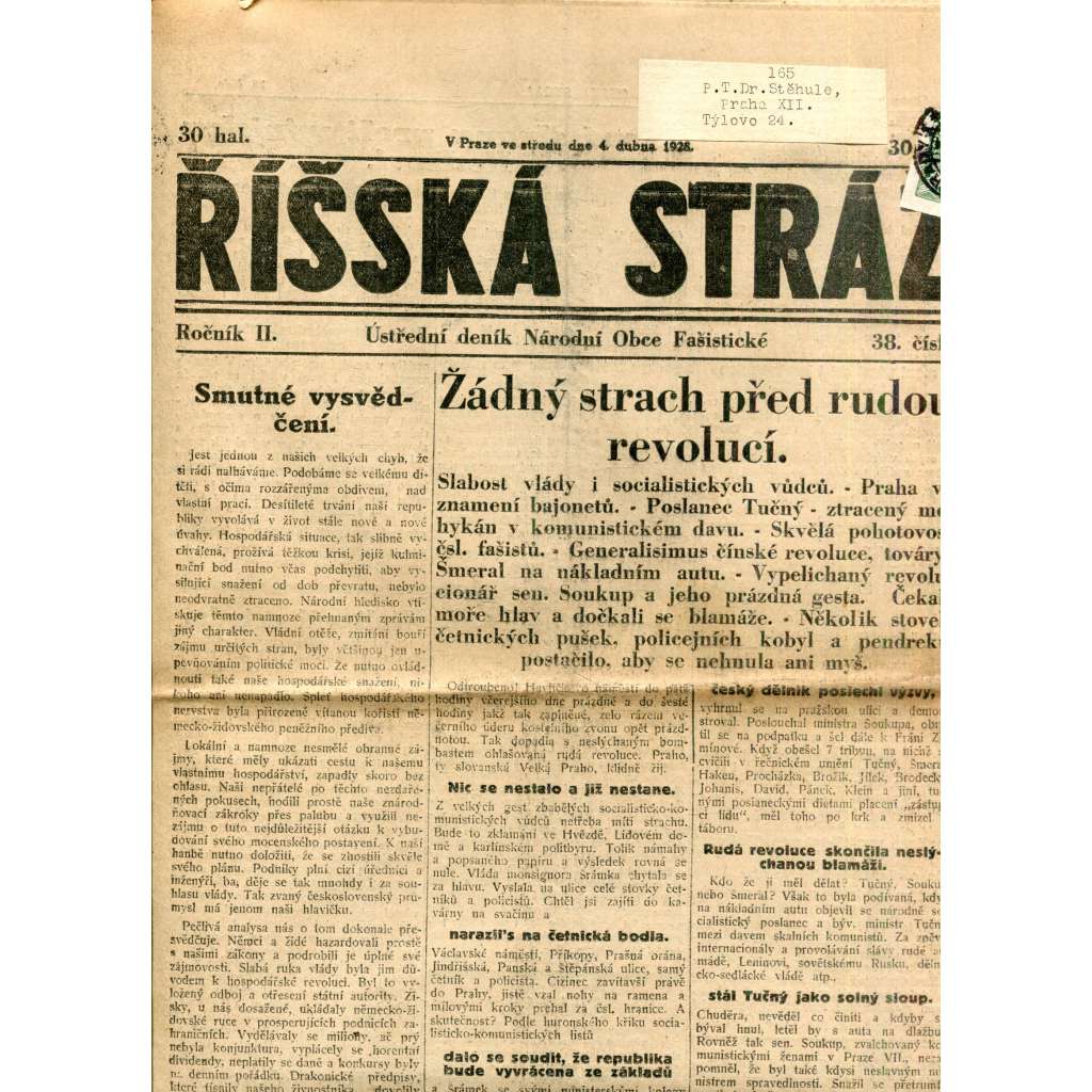 Říšská stráž (4.4.1928) - Ústřední deník Národní obce fašistické (staré noviny, fašisté, 1. republika)