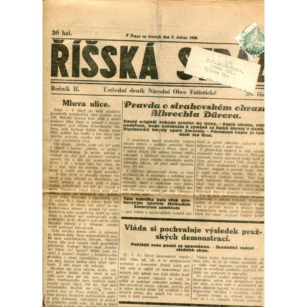 Říšská stráž (5.4.1928) - Ústřední deník Národní obce fašistické (staré noviny, fašisté, 1. republika)