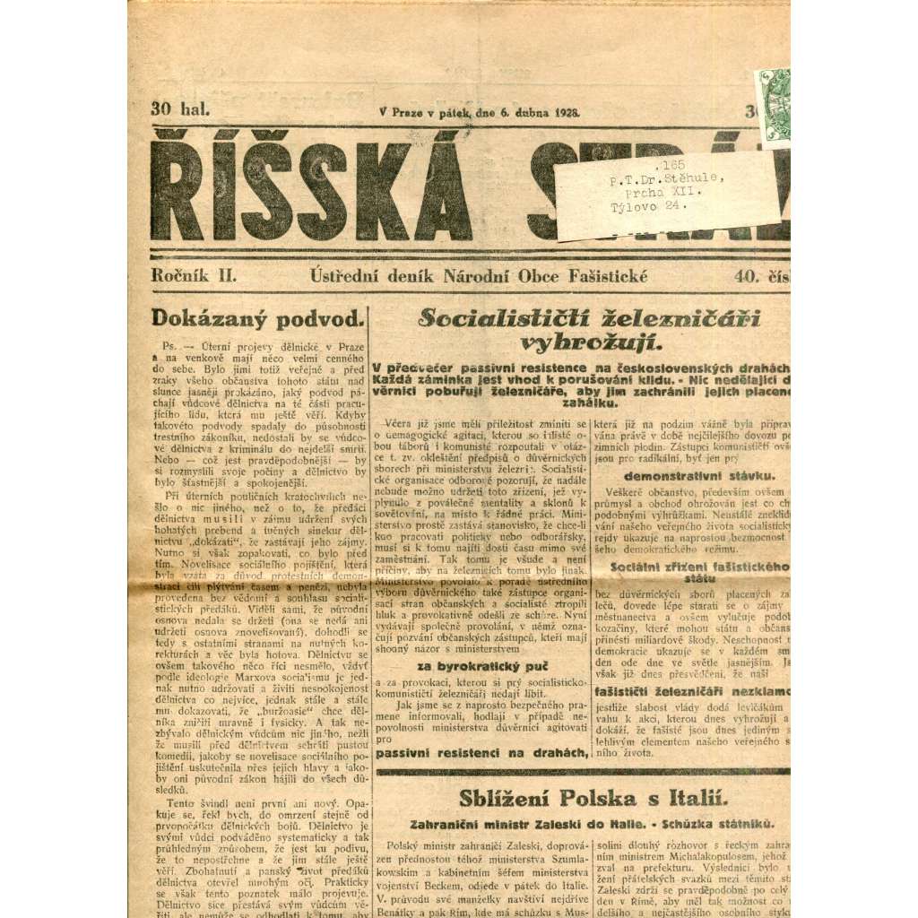 Říšská stráž (6.4.1928) - Ústřední deník Národní obce fašistické (staré noviny, fašisté, 1. republika)