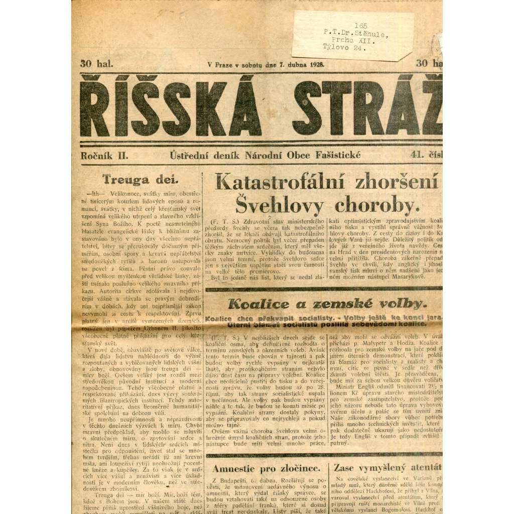 Říšská stráž (7.4.1928) - Ústřední deník Národní obce fašistické (staré noviny, fašisté, 1. republika)