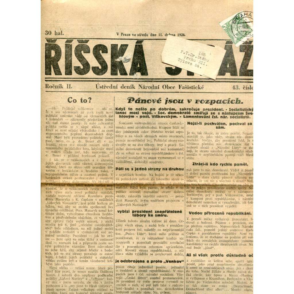 Říšská stráž (11.4.1928) - Ústřední deník Národní obce fašistické (staré noviny, fašisté, 1. republika)