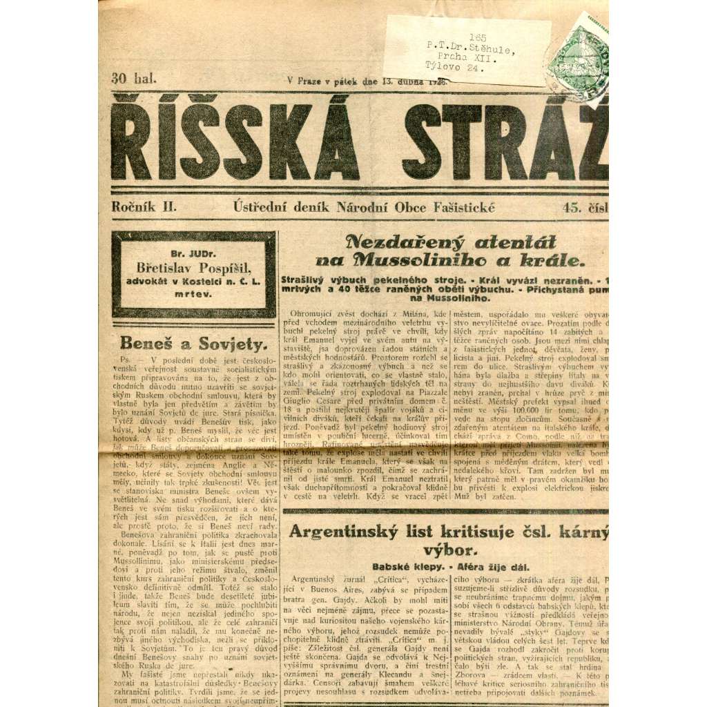 Říšská stráž (13.4.1928) - Ústřední deník Národní obce fašistické (staré noviny, fašisté, 1. republika)