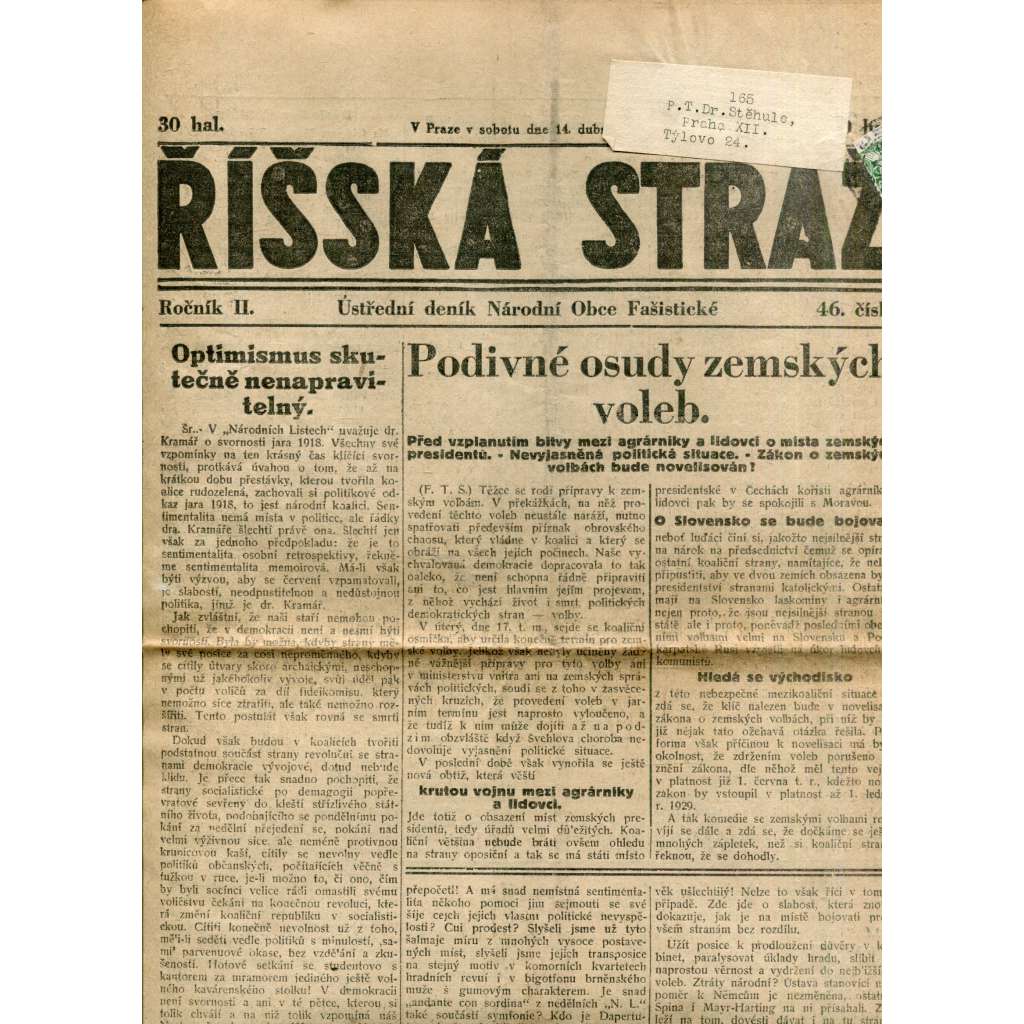 Říšská stráž (14.4.1928) - Ústřední deník Národní obce fašistické (staré noviny, fašisté, 1. republika)