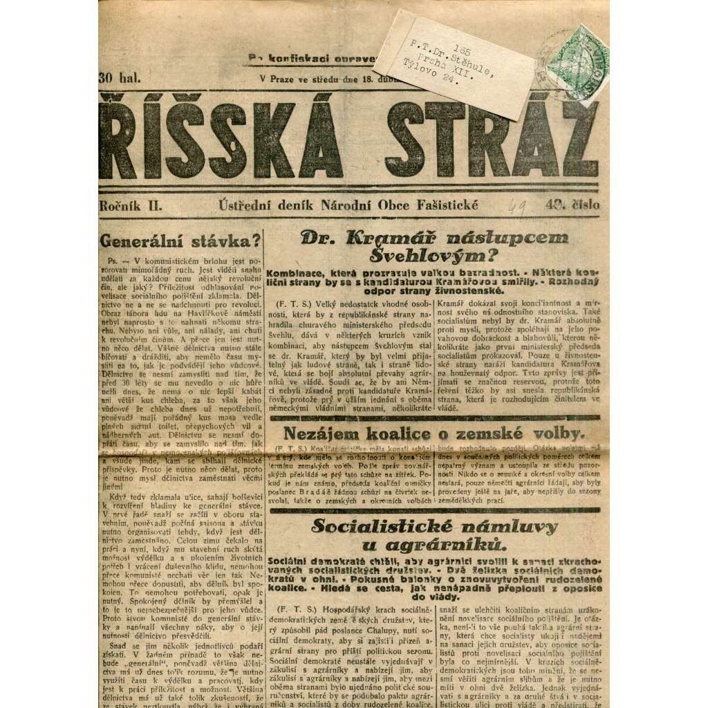 Říšská stráž (18.4.1928) - Ústřední deník Národní obce fašistické (staré noviny, fašisté, 1. republika)