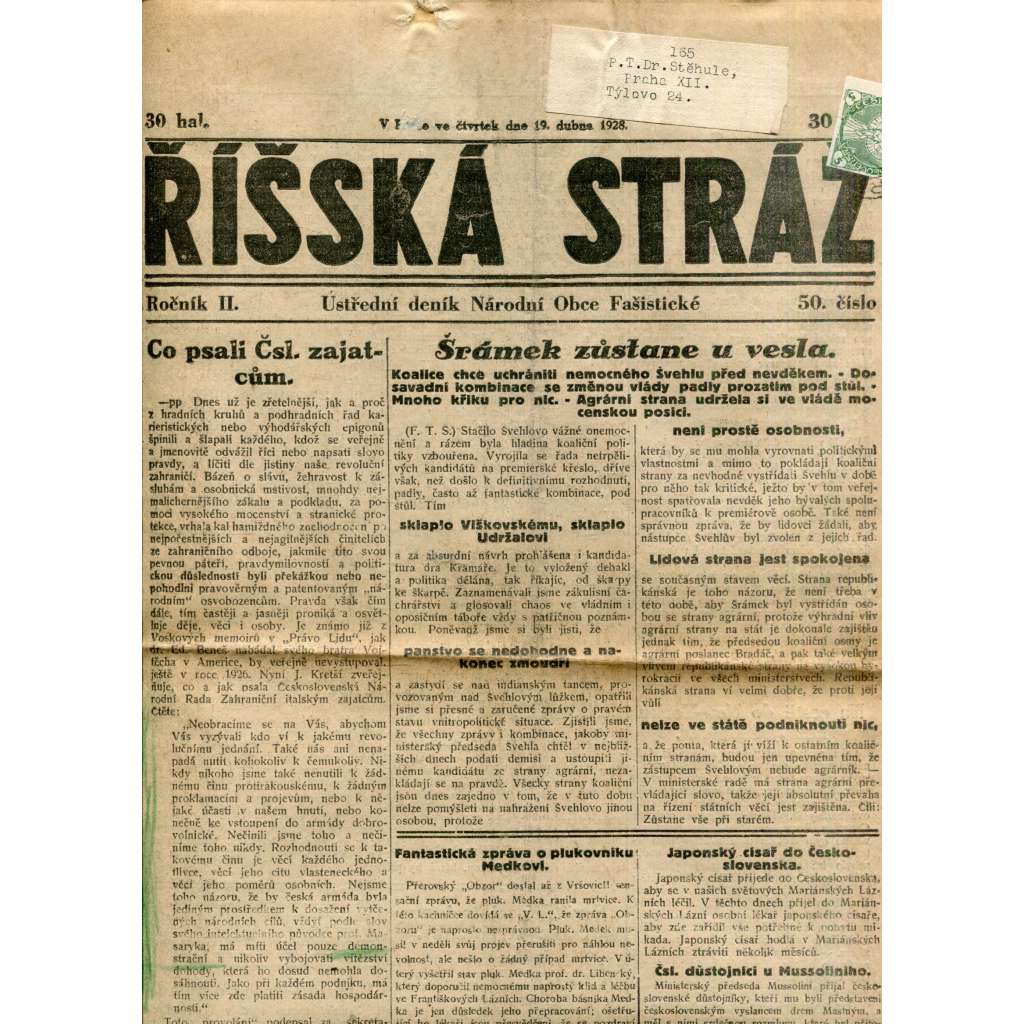 Říšská stráž (19.4.1928) - Ústřední deník Národní obce fašistické (staré noviny, fašisté, 1. republika)