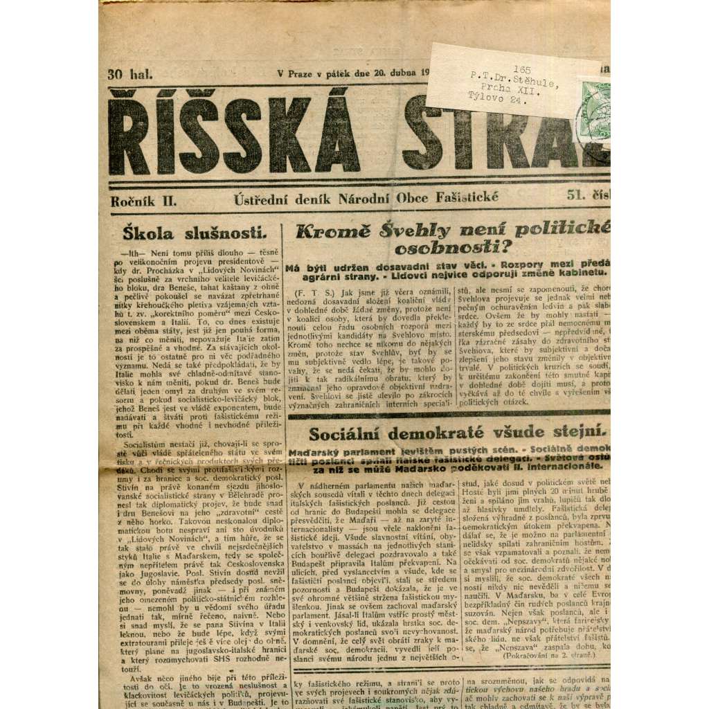 Říšská stráž (20.4.1928) - Ústřední deník Národní obce fašistické (staré noviny, fašisté, 1. republika)