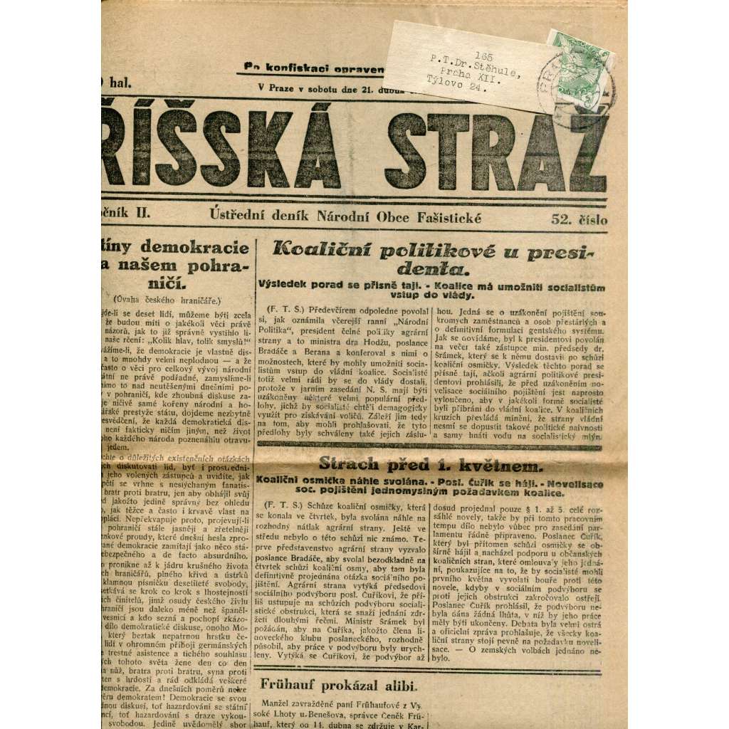 Říšská stráž (21.4.1928) - Ústřední deník Národní obce fašistické (staré noviny, fašisté, 1. republika)