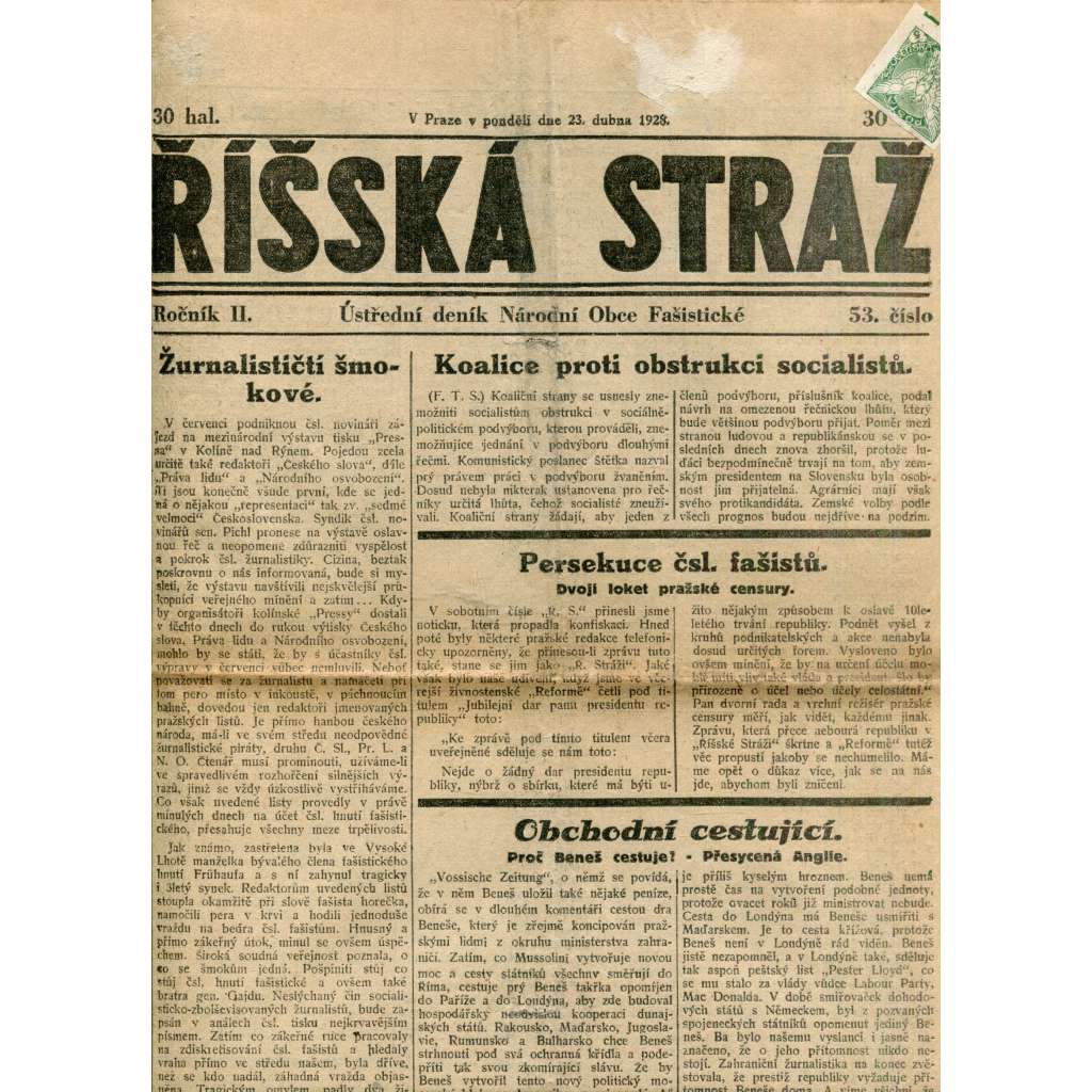 Říšská stráž (23.4.1928) - Ústřední deník Národní obce fašistické (staré noviny, fašisté, 1. republika)
