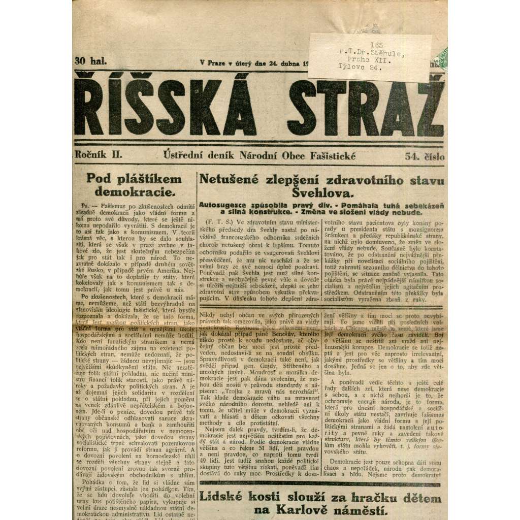Říšská stráž (24.4.1928) - Ústřední deník Národní obce fašistické (staré noviny, fašisté, 1. republika)