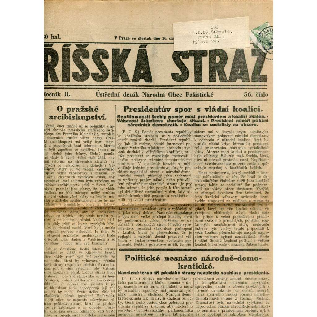 Říšská stráž (26.4.1928) - Ústřední deník Národní obce fašistické (staré noviny, fašisté, 1. republika)