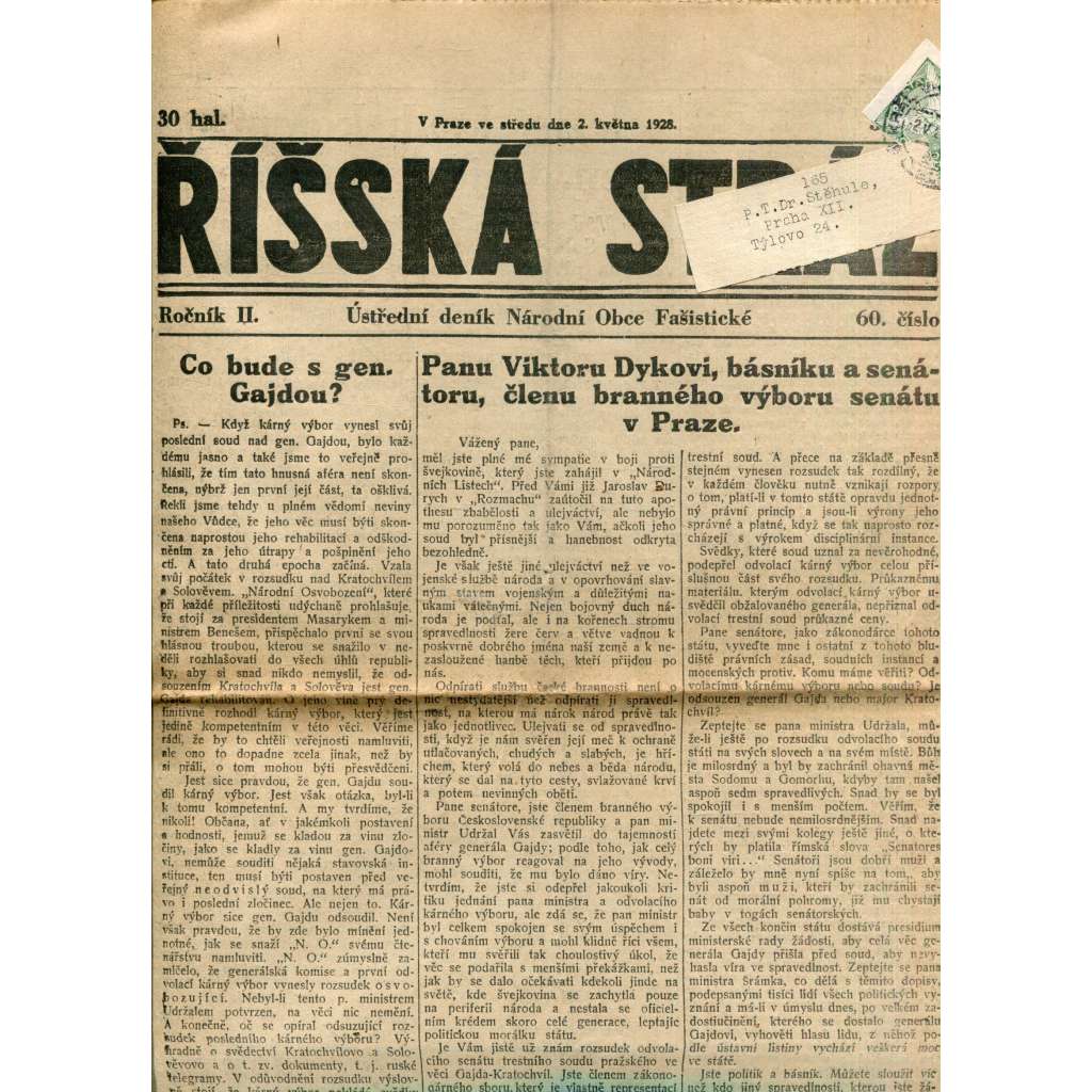 Říšská stráž (2.5.1928) - Ústřední deník Národní obce fašistické (staré noviny, fašisté, 1. republika)