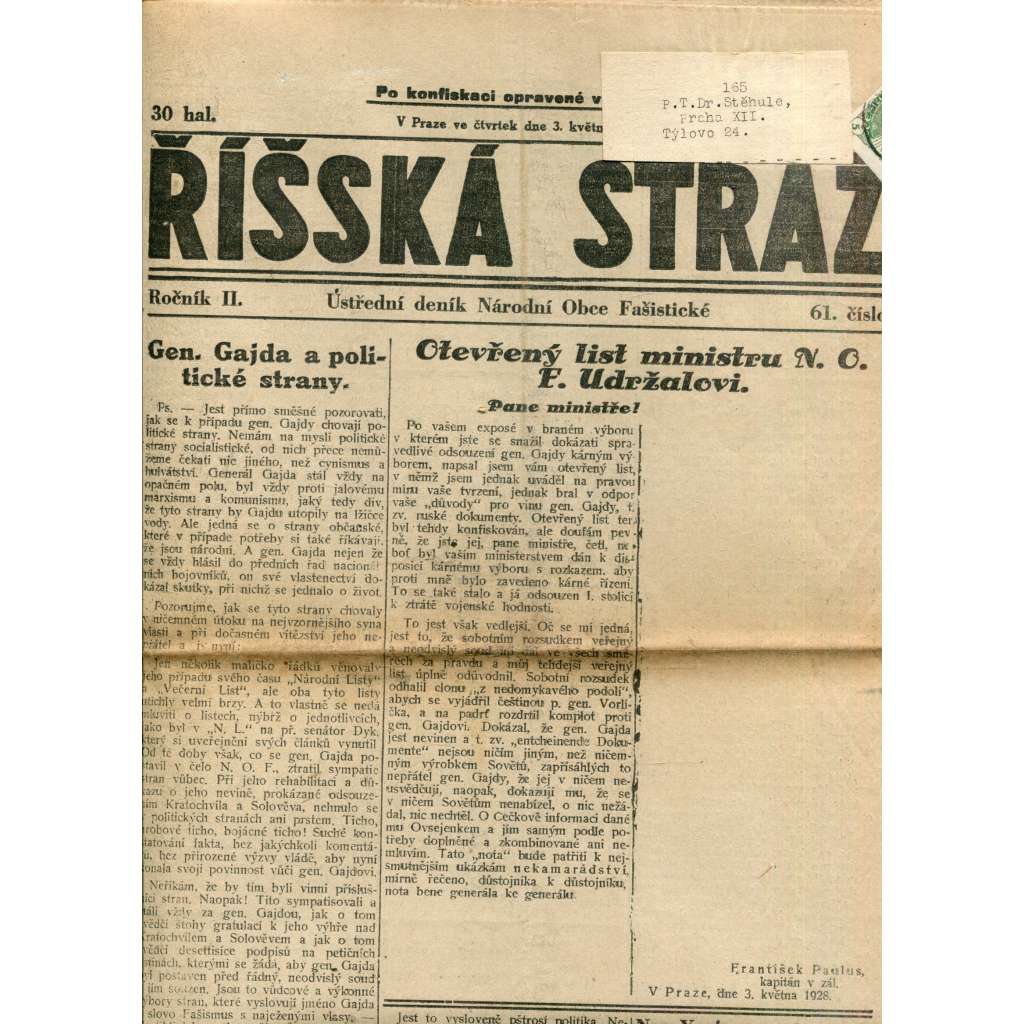 Říšská stráž (3.5.1928) - Ústřední deník Národní obce fašistické (staré noviny, fašisté, 1. republika)