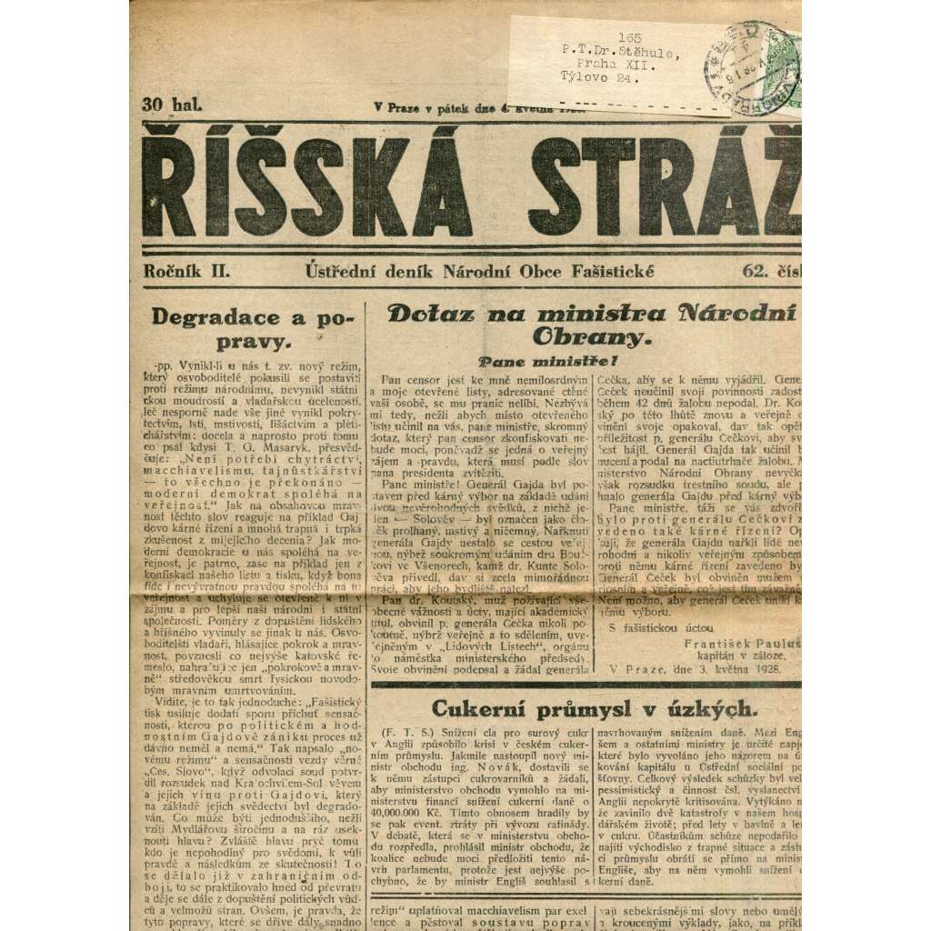 Říšská stráž (4.5.1928) - Ústřední deník Národní obce fašistické (staré noviny, fašisté, 1. republika)