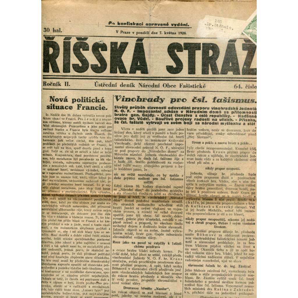 Říšská stráž (7.5.1928) - Ústřední deník Národní obce fašistické (staré noviny, fašisté, 1. republika)