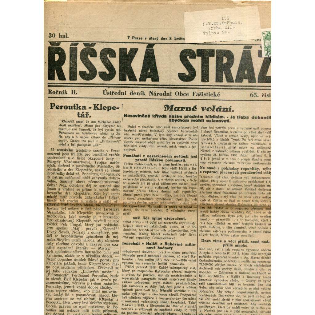 Říšská stráž (8.5.1928) - Ústřední deník Národní obce fašistické (staré noviny, fašisté, 1. republika)