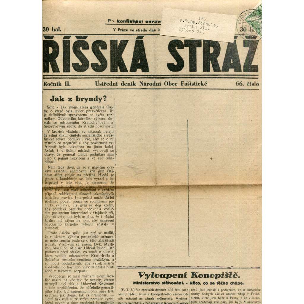 Říšská stráž (9.5.1928) - Ústřední deník Národní obce fašistické (staré noviny, fašisté, 1. republika)