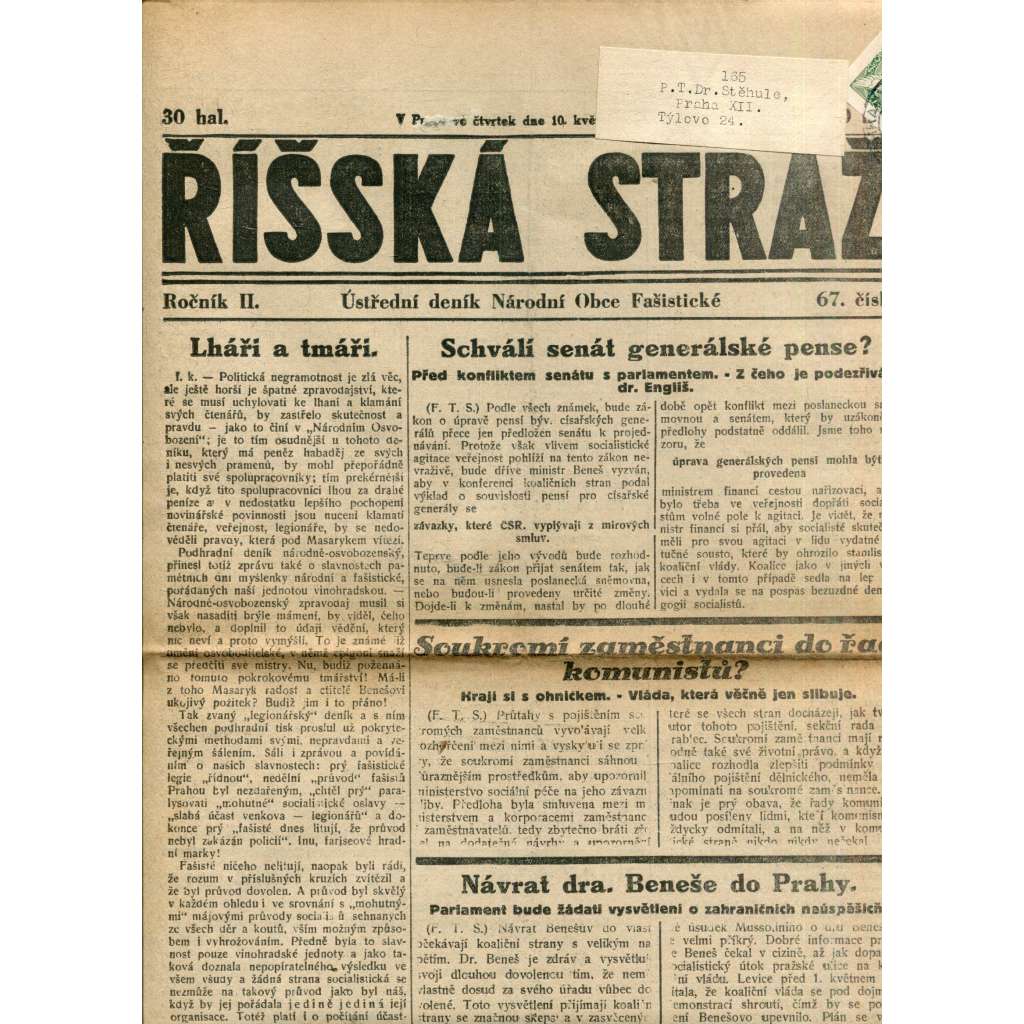 Říšská stráž (10.5.1928) - Ústřední deník Národní obce fašistické (staré noviny, fašisté, 1. republika)