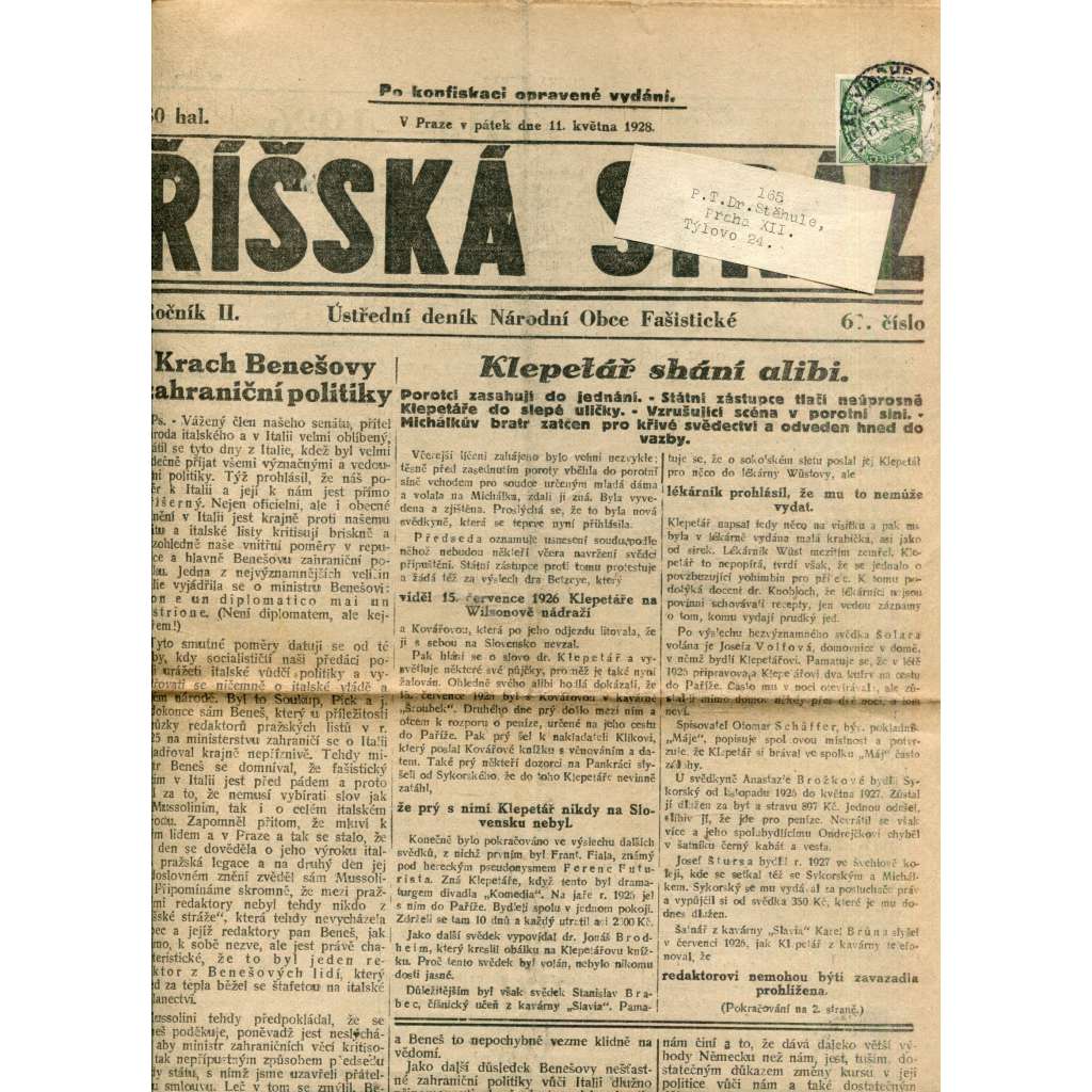 Říšská stráž (11.5.1928) - Ústřední deník Národní obce fašistické (staré noviny, fašisté, 1. republika)