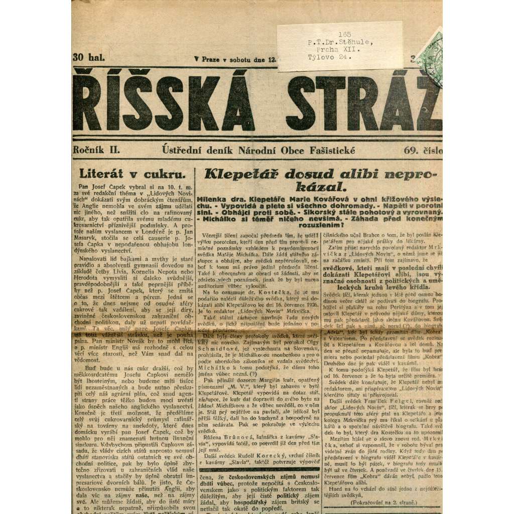 Říšská stráž (12.5.1928) - Ústřední deník Národní obce fašistické (staré noviny, fašisté, 1. republika)