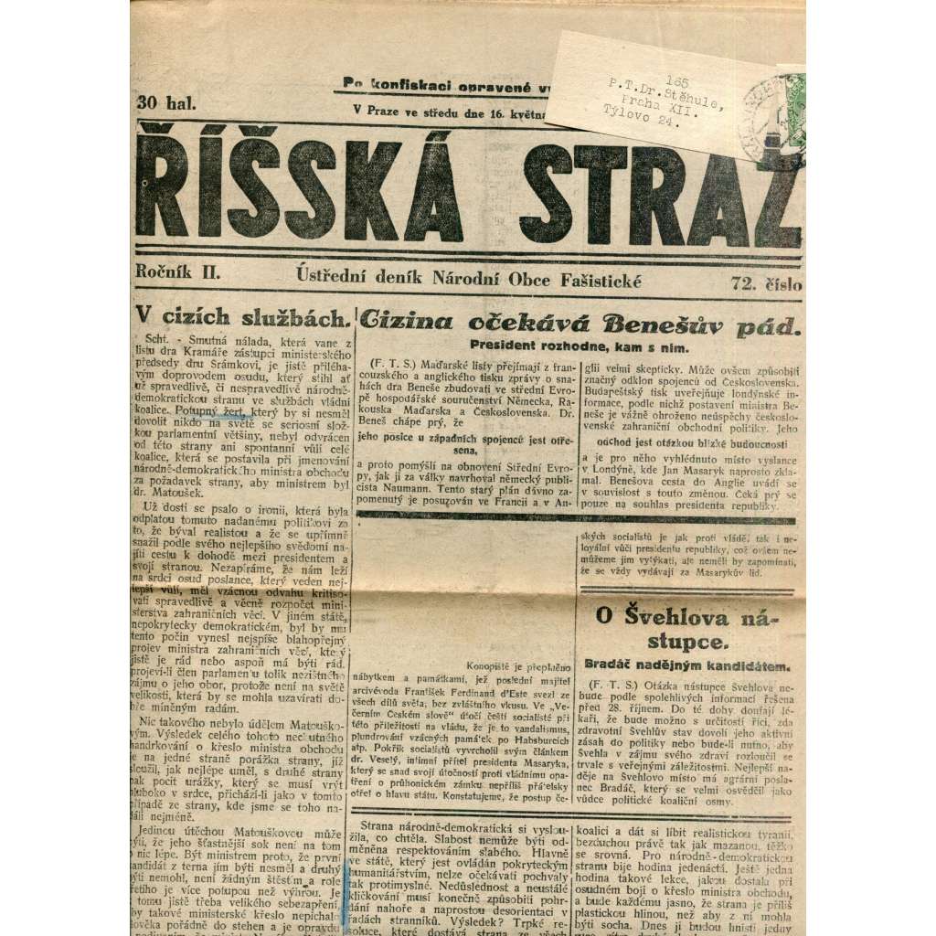 Říšská stráž (16.5.1928) - Ústřední deník Národní obce fašistické (staré noviny, fašisté, 1. republika)