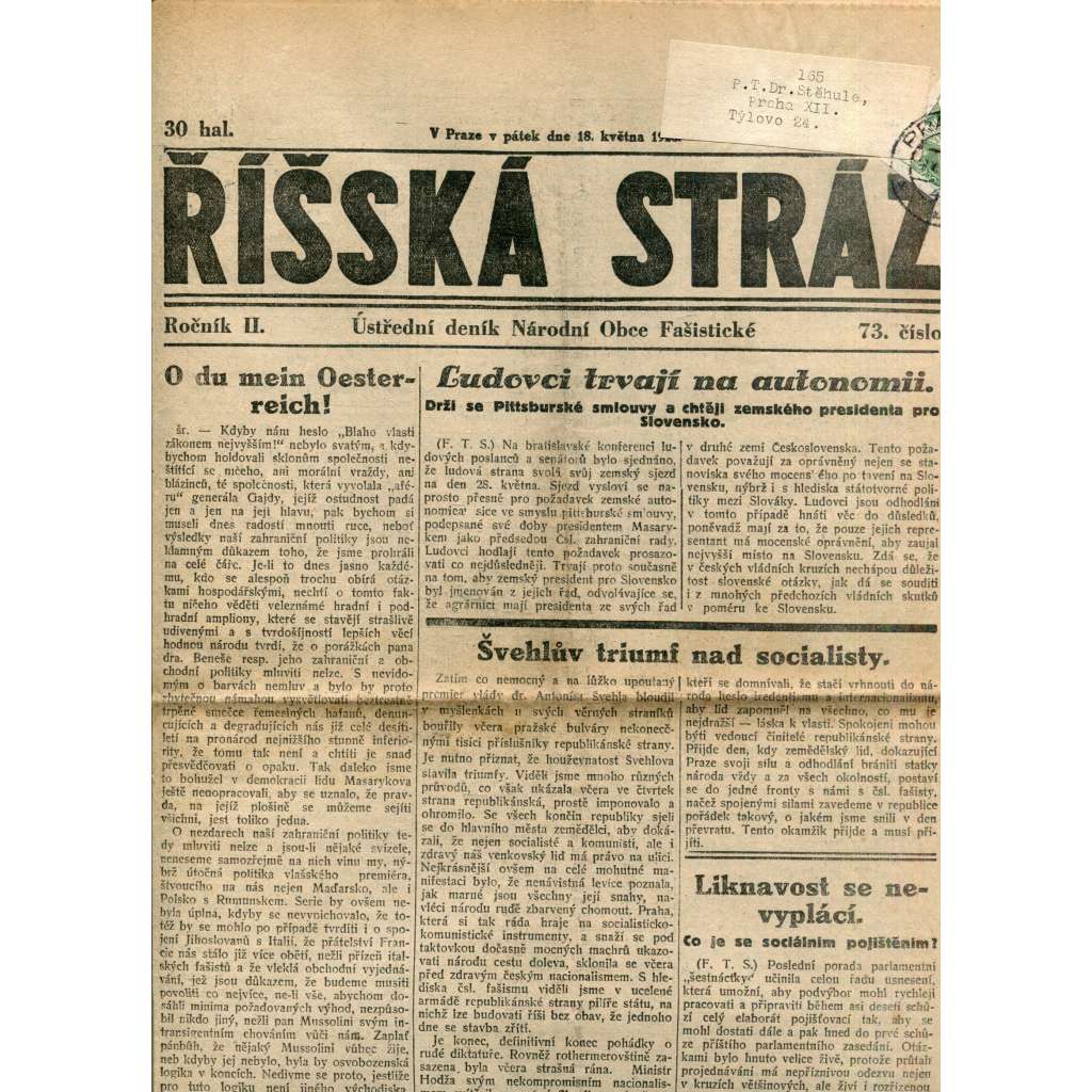 Říšská stráž (18.5.1928) - Ústřední deník Národní obce fašistické (staré noviny, fašisté, 1. republika)