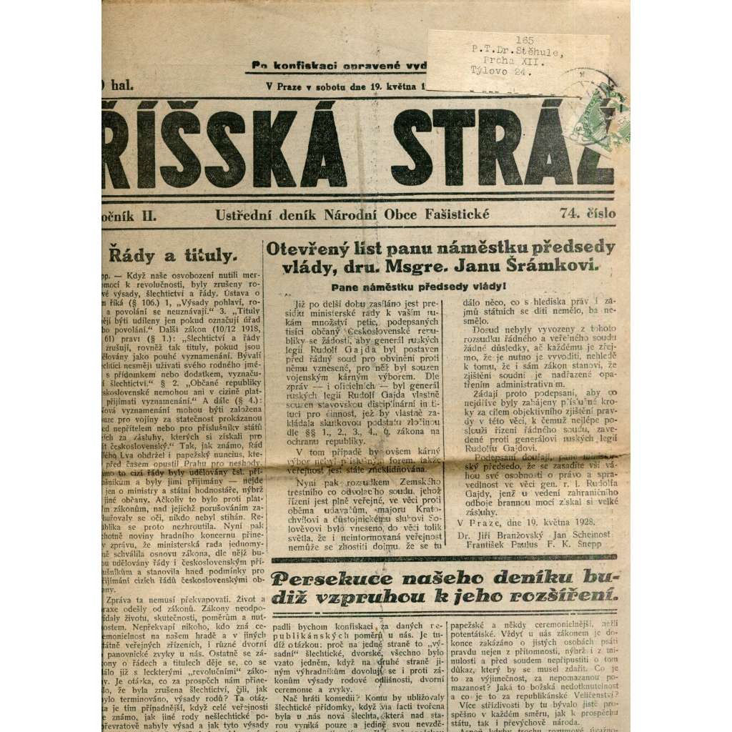 Říšská stráž (19.5.1928) - Ústřední deník Národní obce fašistické (staré noviny, fašisté, 1. republika)