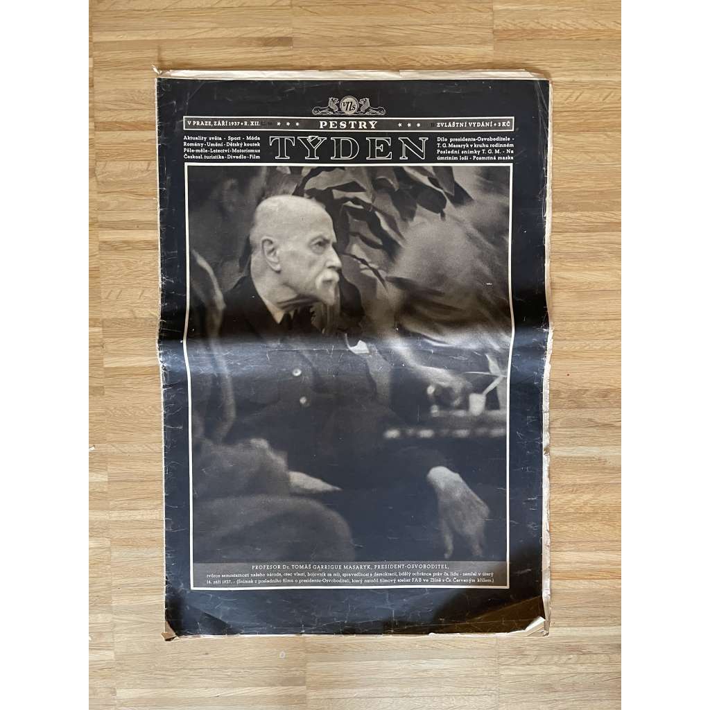 Pestrý týden (staré noviny, září1937, úmrtí T. G. Masaryk, prezident)