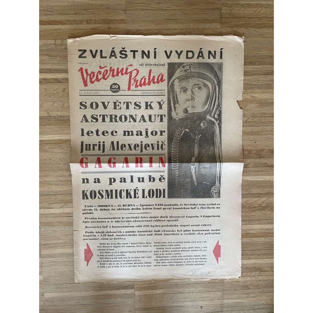 Večerní Praha - zvláštní vydání (noviny, 12.4.1961) Gagarin