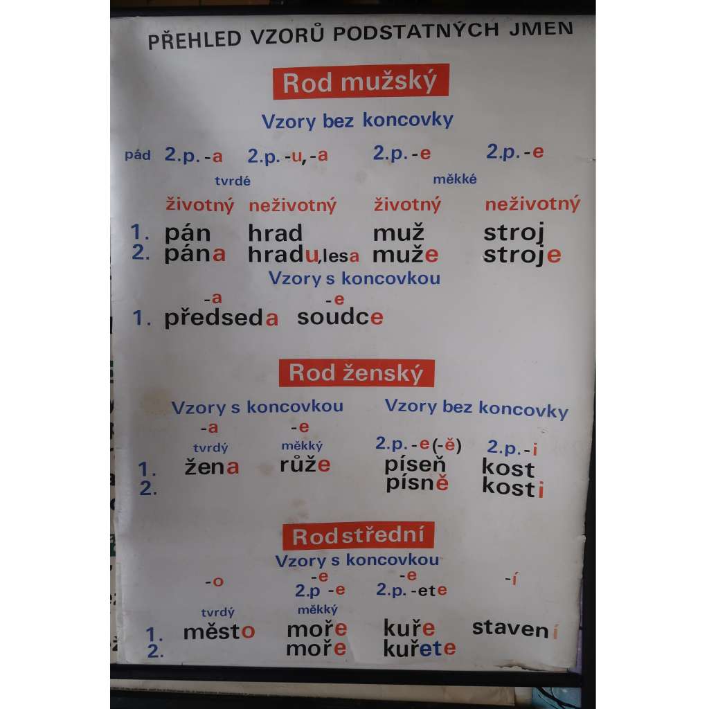 Přehled vzoru podstatných jmen - Český jazyk, mluvnice, skloňování, podstatná jména, tvarosloví - školní plakát - výukový obraz