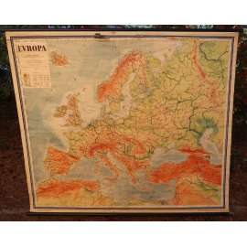 Mapa Evropy, Evropa - školní plakát, výukový obraz, zeměpis (1956)