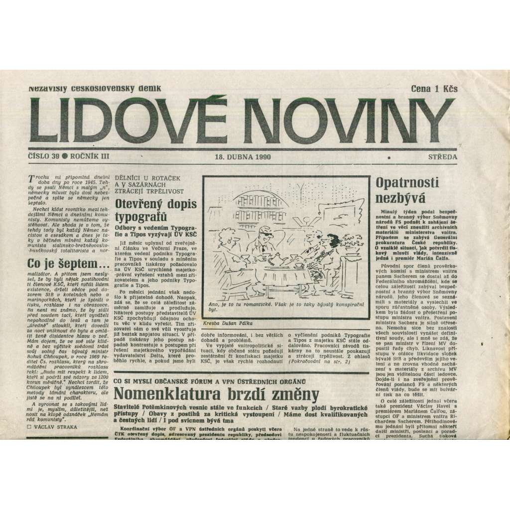 Lidové noviny. Nezávislý československý deník (18.4.1990) - noviny