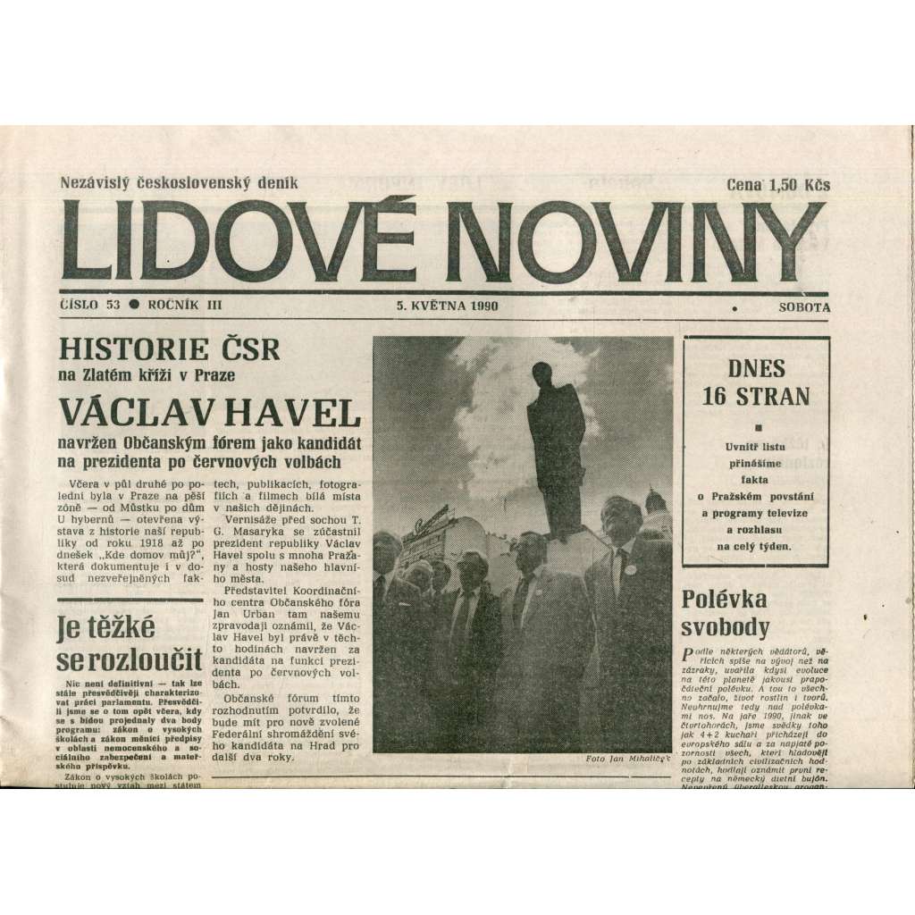 Lidové noviny. Nezávislý československý deník (5.5.1990) - noviny (Václav Havel)