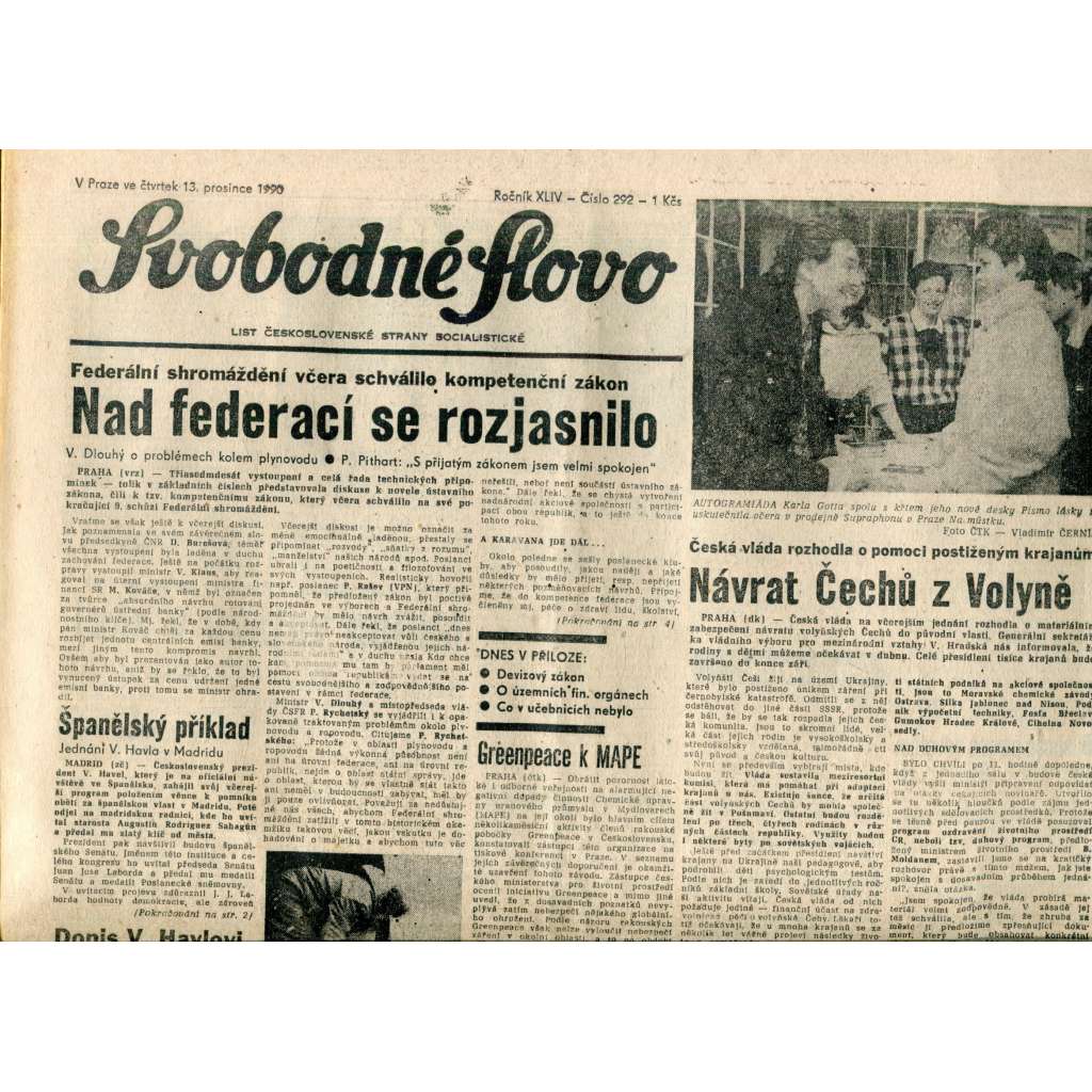 Svobodné slovo. List Československé strany socialistické (13.12.1990) - noviny