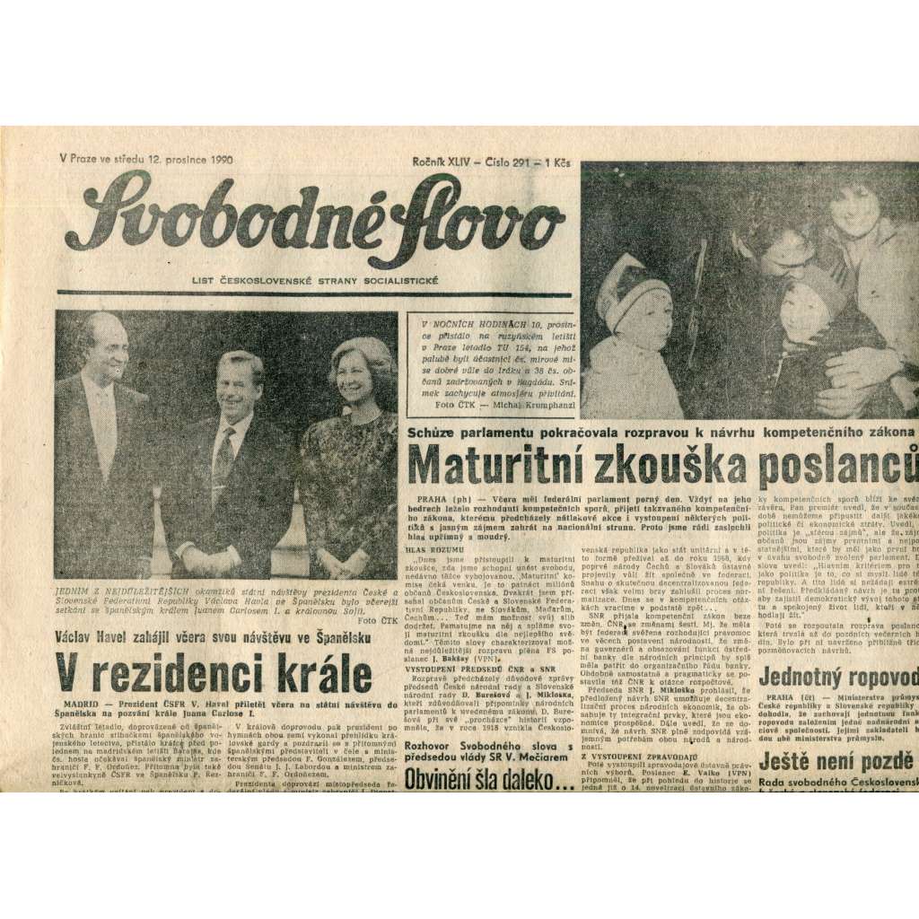 Svobodné slovo. List Československé strany socialistické (12.12.1990) - noviny
