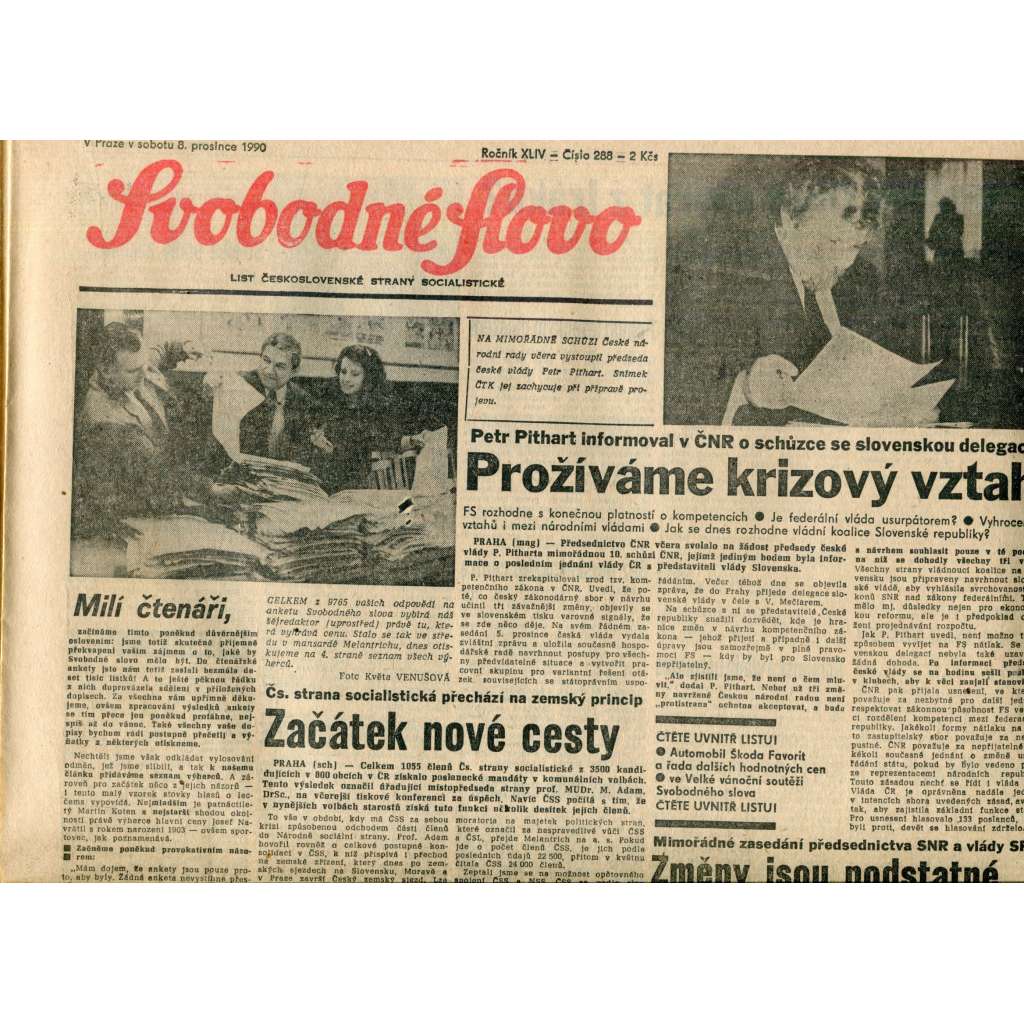Svobodné slovo. List Československé strany socialistické (8.12.1990) - noviny