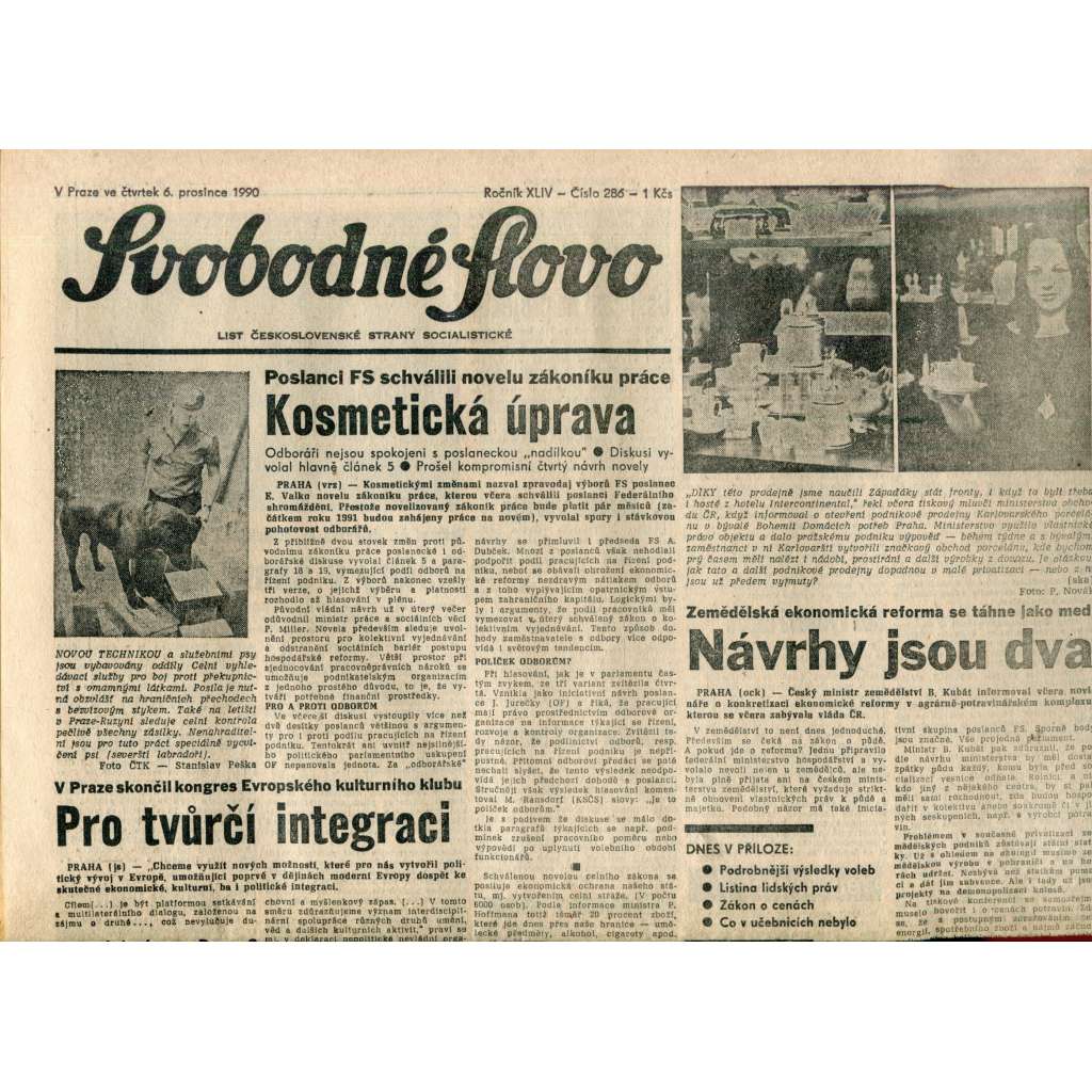 Svobodné slovo. List Československé strany socialistické (6.12.1990) - noviny