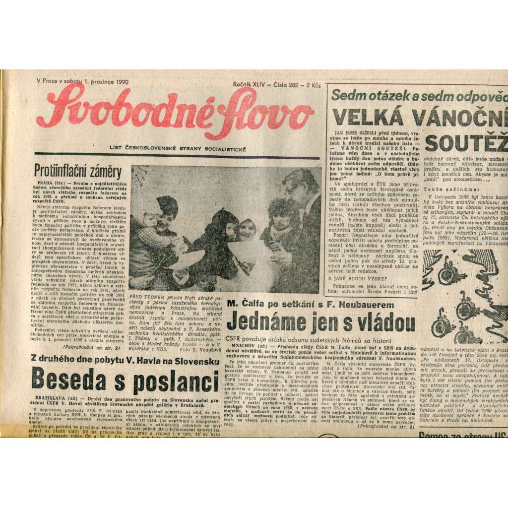 Svobodné slovo. List Československé strany socialistické (1.12.1990) - noviny
