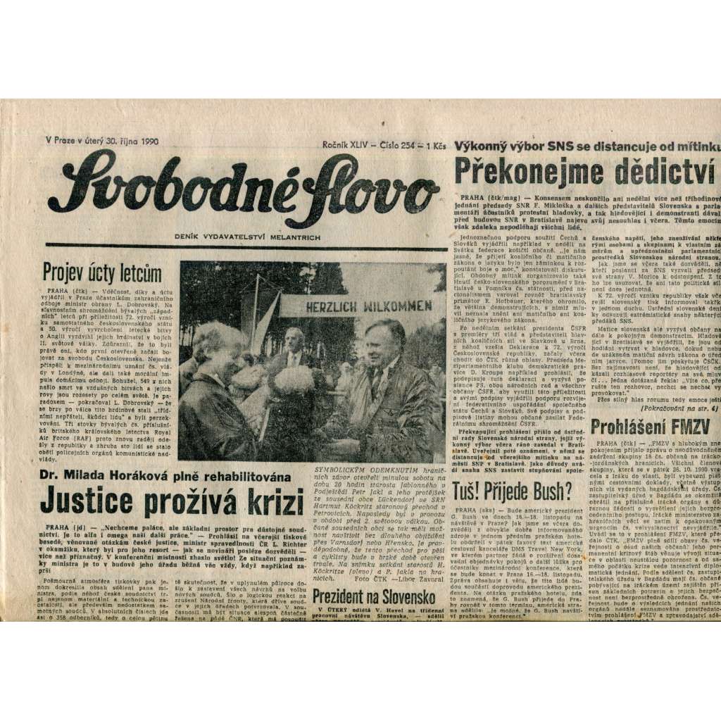 Svobodné slovo. List Československé strany socialistické (30.10.1990) - noviny Svobodné slovo. List Československé strany socialistické (30.10.1990) - noviny