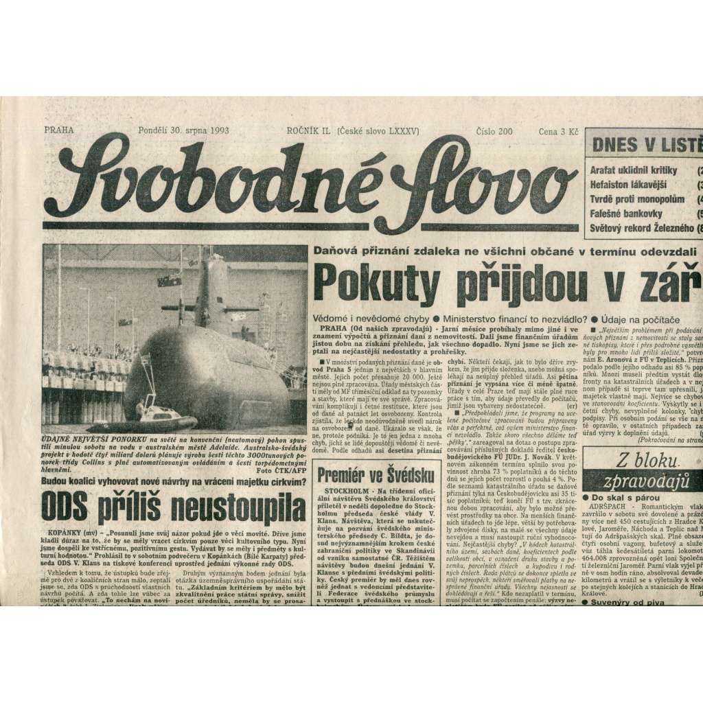 Svobodné slovo (30.8.1993) - noviny