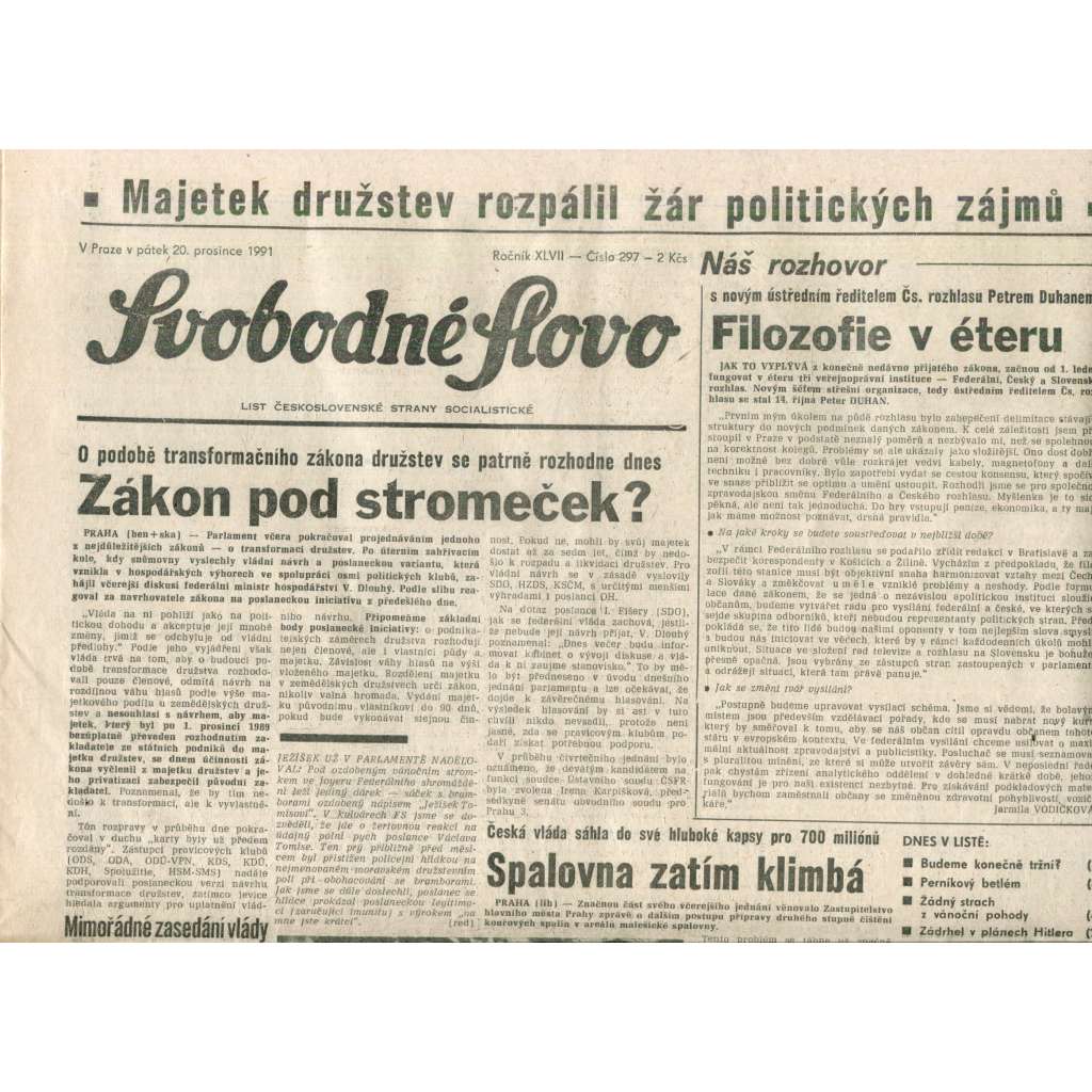 Svobodné slovo (20.12.1991) - noviny