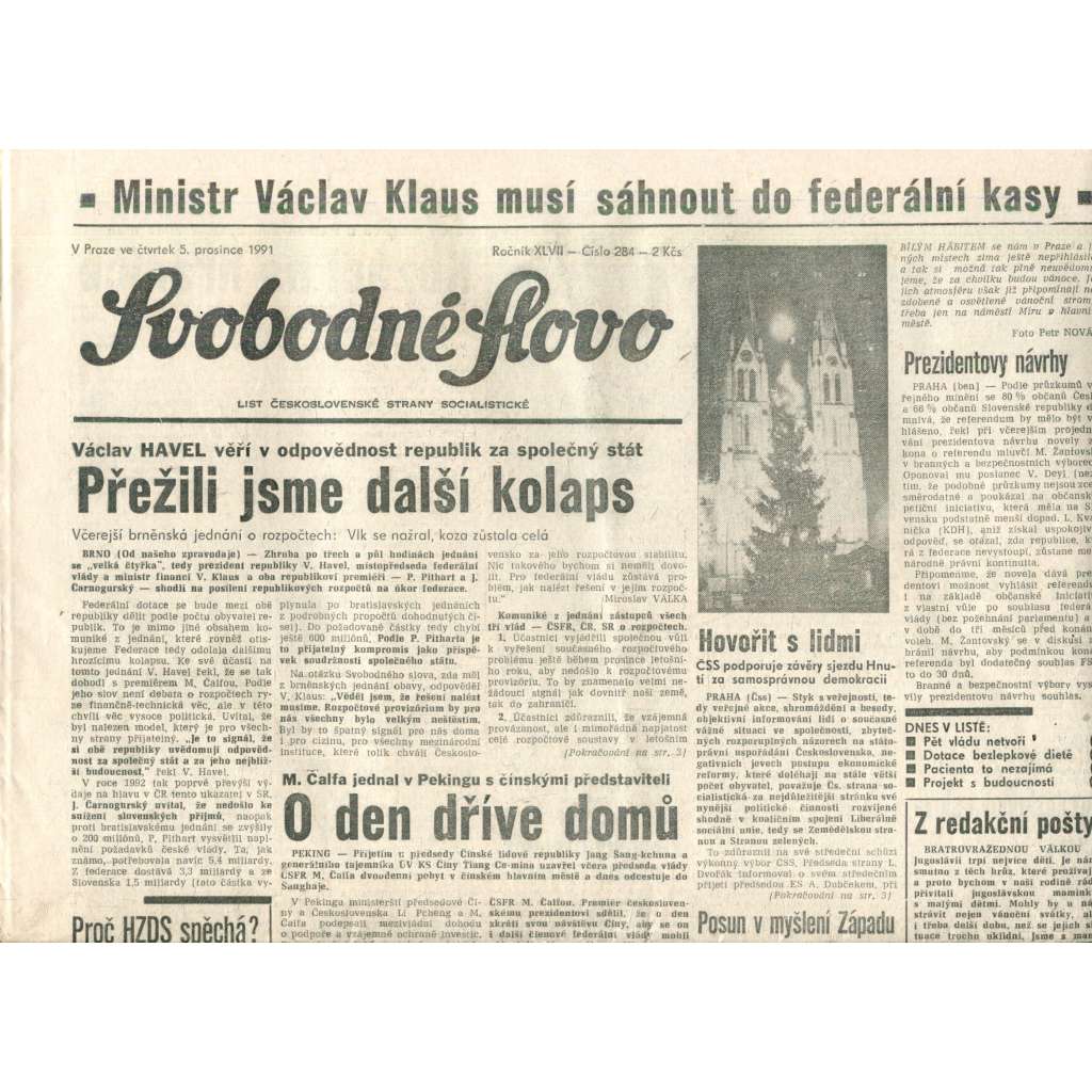 Svobodné slovo (5.12.1991) - noviny