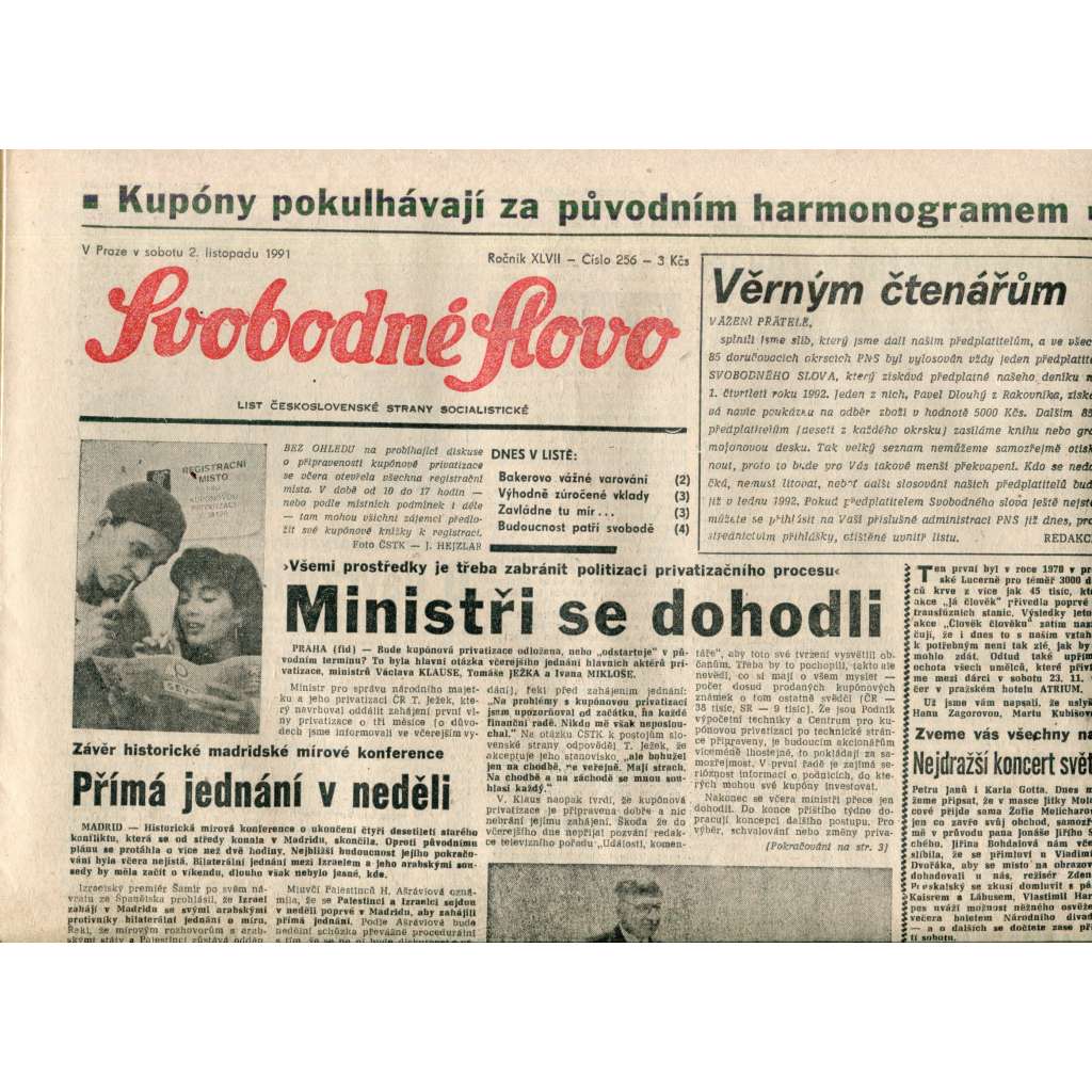 Svobodné slovo (2.11.1991) - noviny