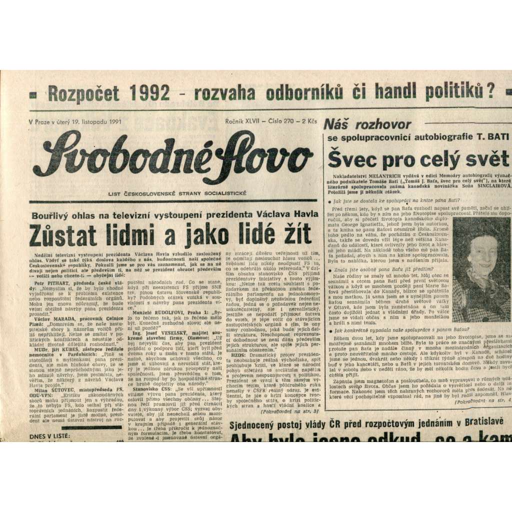 Svobodné slovo (19.11.1991) - noviny