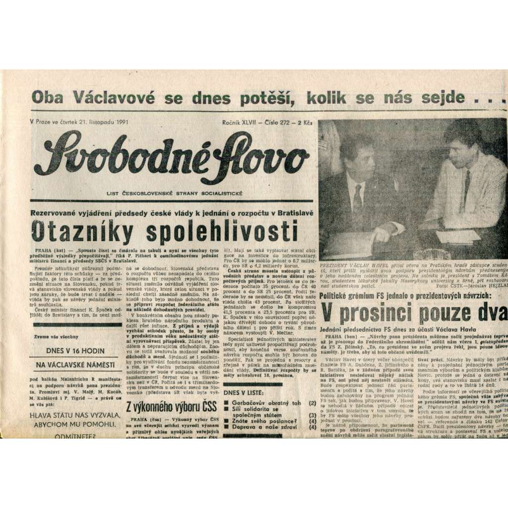 Svobodné slovo (21.11.1991) - noviny