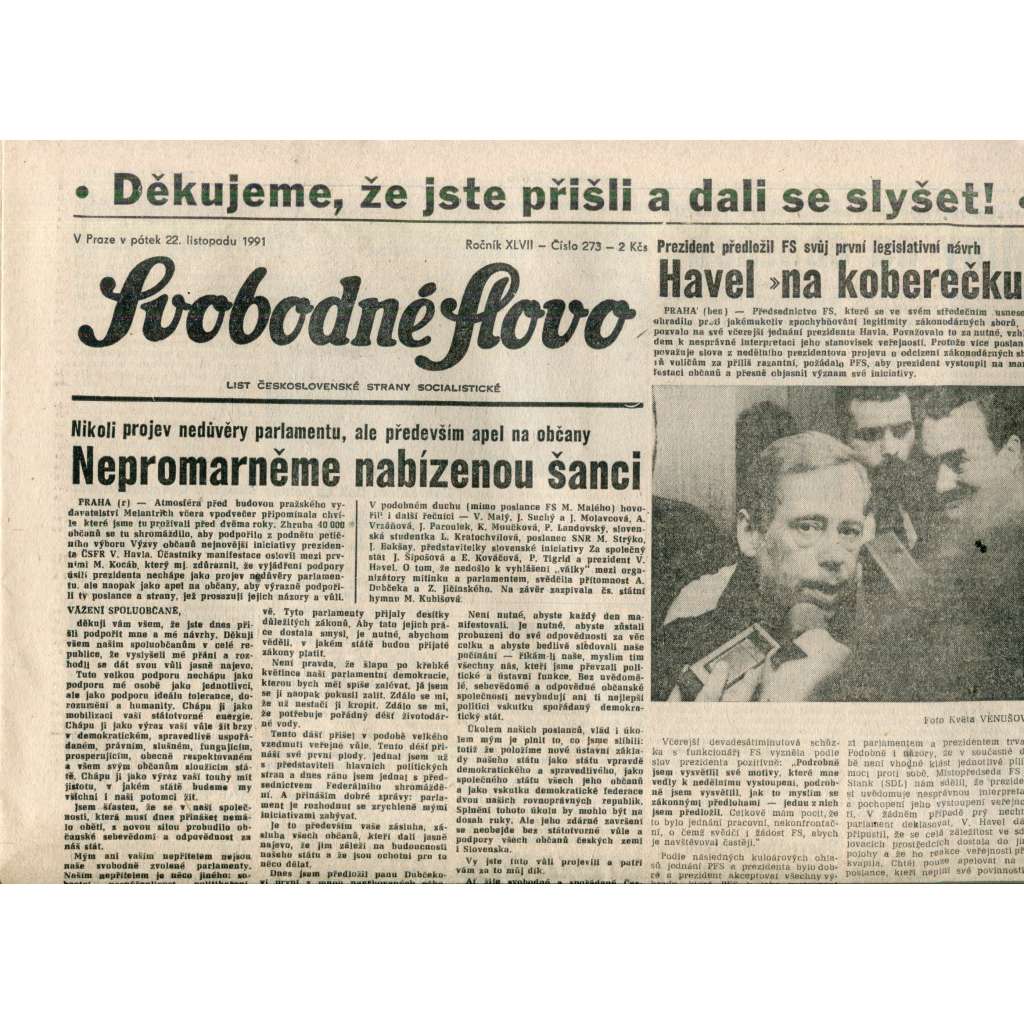 Svobodné slovo (22.11.1991) - noviny