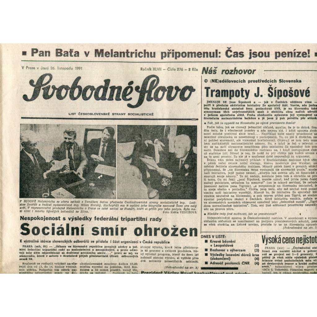 Svobodné slovo (26.11.1991) - noviny
