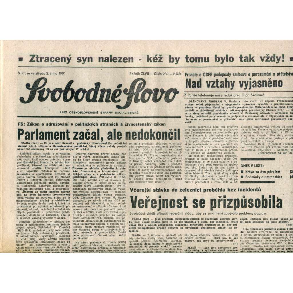 Svobodné slovo (2.10.1991) - noviny Svobodné slovo (2.10.1991) - noviny