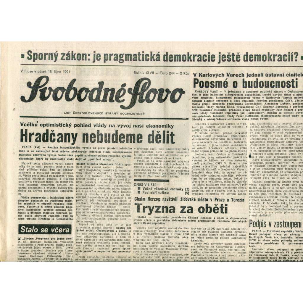Svobodné slovo (18.10.1991) - noviny