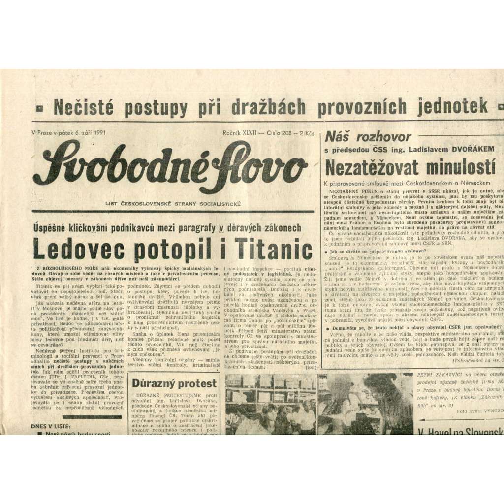 Svobodné slovo (6.9.1991) - noviny